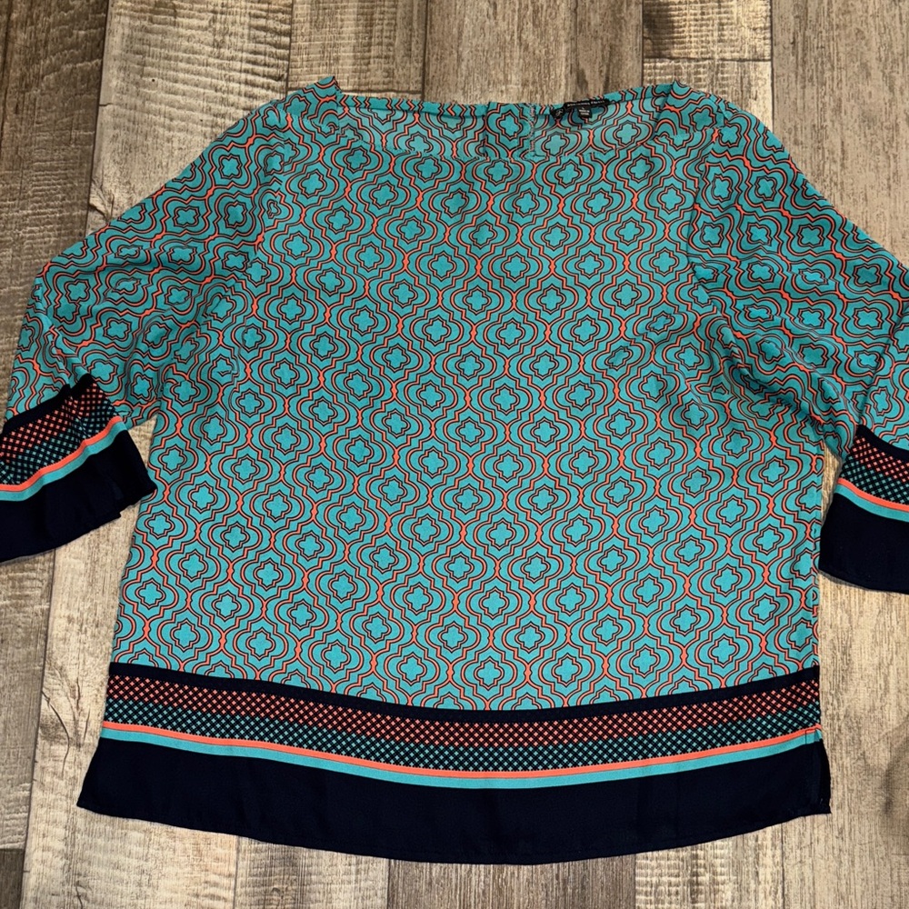 Adrianna Papell Teal and Black Patterned Blouse-size LARGE